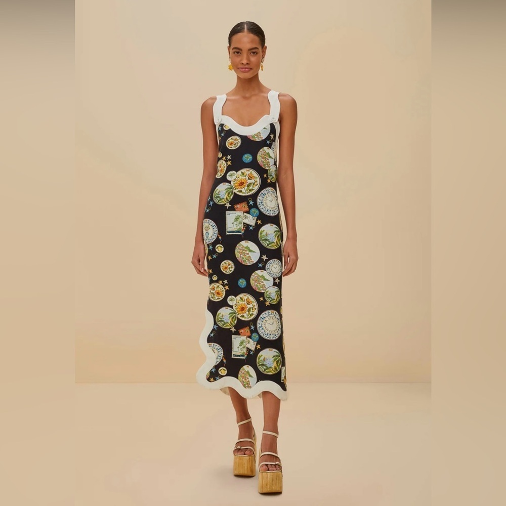 🎉SUPER RARE🎉 Farm Rio NWT Anthropologie Linen Scallop-Trim Slim Midi Dress XS - Picture 3 of 16